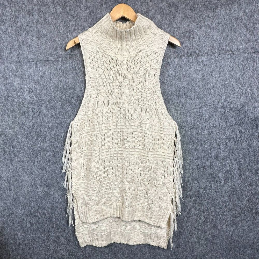 She+Sky Sweater Womens S Sleeveless Chunky Knit Western Boho Fringe Mock Neck